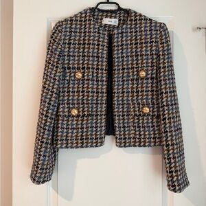 Mango Blue and Beige Houndstooth Tweed Blazer with Gold Buttons
